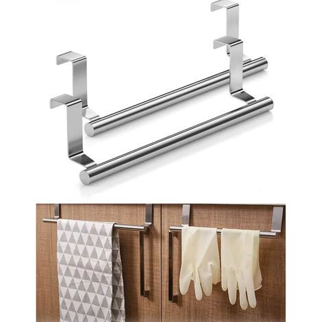 Lot de 2 porte torchon cuisine - porte serviette porte en inox - Sans Percer - pour cuisine et la salle de bain - 236cm - Argenté (1/5)