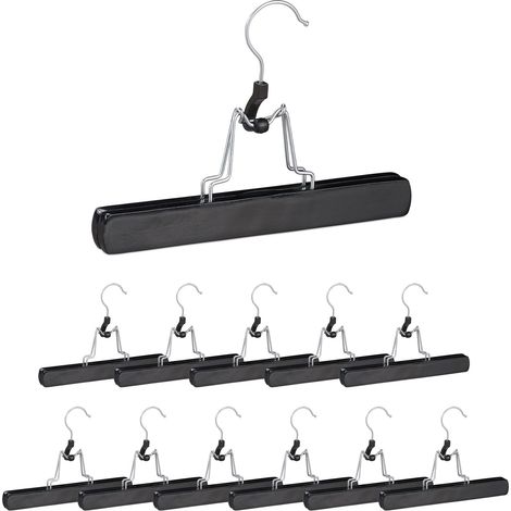 Relaxdays Wooden Trouser Clamp Hangers, 12 Pieces, 360° Swivel Hooks, Felt Protectors, HWWD 17 x 25 x 2.3 cm, Black