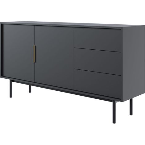 Selsey – Commode 154 cm avec 3 tiroirs – Noir – Panneau de particules mélaminé – Finition mat – Pieds en bois massif – Système de fermeture silencieuse (1/5)