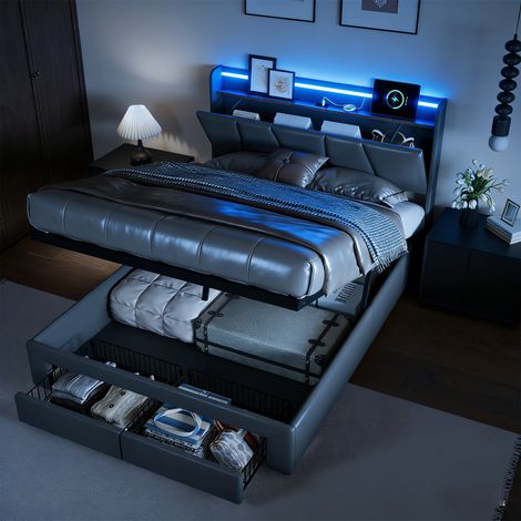 Lit capitonné 140x190 cm en lin avec éclairage LED, rangement hydraulique, 2 tiroirs et tête de lit avec ports de charge