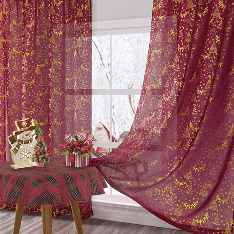 Lot de 2 rideaux voilage Nol 42x64 cm – Tissu polyester effet lin – Motifs sapins et flocons – Installation facile avec galon fronceur (1/5)