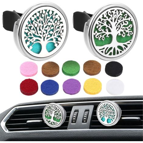 Difusor de aroma para coche de acero inoxidable (2 unidades) con 10 almohadillas de repuesto y medallón con clip para ventilación (para coche, salón, oficina y hogar).