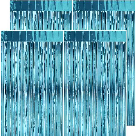 Rideau Frange Bleu Ciel Anniversaire - Lot de 4, 1 x 2M, Franges Métalliques Brillantes - Décor Fond en Foil - Toile de Fond pour Fête, Baby Shower et Photobooth (1/5)