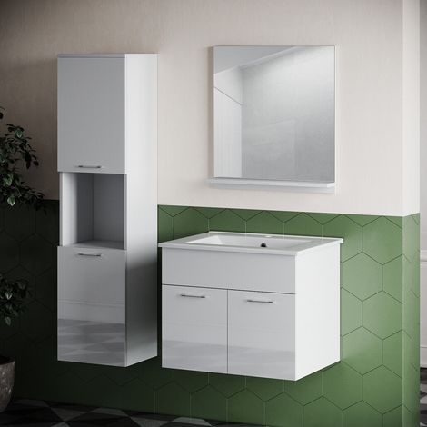 SONNI Badezimmermöbel set mit waschbecken Speigel Hochschrank 60 cm breit Badmöbel set weiß Hochglanz (1/5)