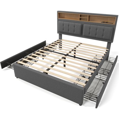 Lit double avec 4 tiroirs et prise USB-C, lit rembourré 140x200 cm, tête de lit réglable en hauteur, sommier à lattes en bois (sans matelas) (1/5)