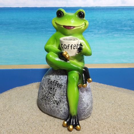 Statue de grenouille verte créative en pierre, assise, buvant du café - Décoration de jardin d'intérieur/extérieur