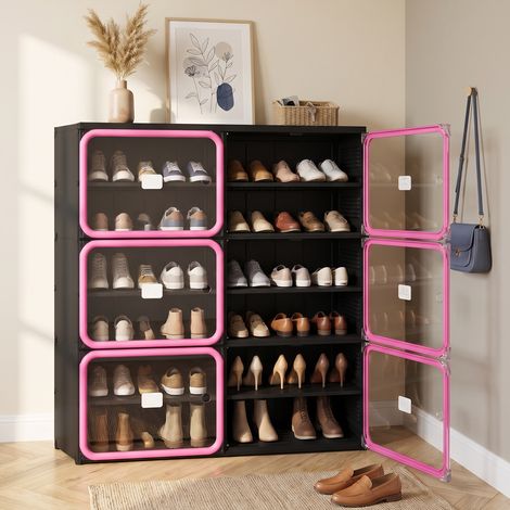Meuble à chaussures pliable 85x34x104 cm, sans montage, portes magnétiques transparentes, plastique, moderne, Noir