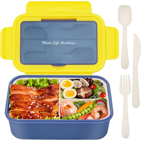 Boîte à lunch étanche de 1400 ml pour adultes et enfants, récipient alimentaire avec 3 compartiments et couverts