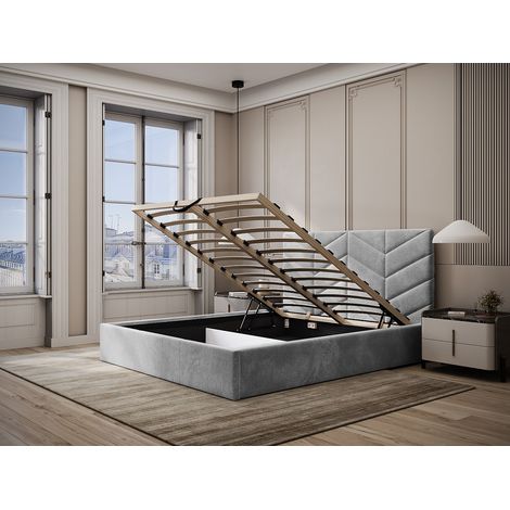 Lit coffre 180 x 200 cm - Tissu texturé - Gris + Matelas - JUSTANI (1/4)