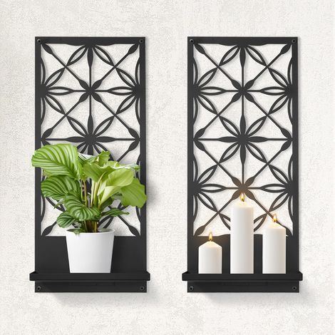 Lot de 2 appliques murales rétro en métal noir, étagères flottantes pliables avec dos géométrique floral rectangulaire, décoration murale de ferme pour entrée, salon, chambre à coucher (1/5)