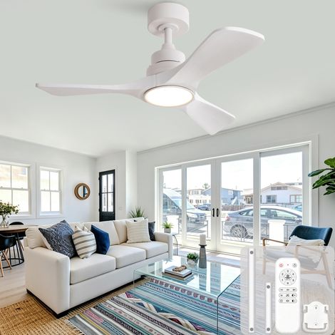 Ventilatore da soffitto LED 91x91x34,5 cm in metallo e legno bianco, 6 velocità - MEUBLIV (1/5)