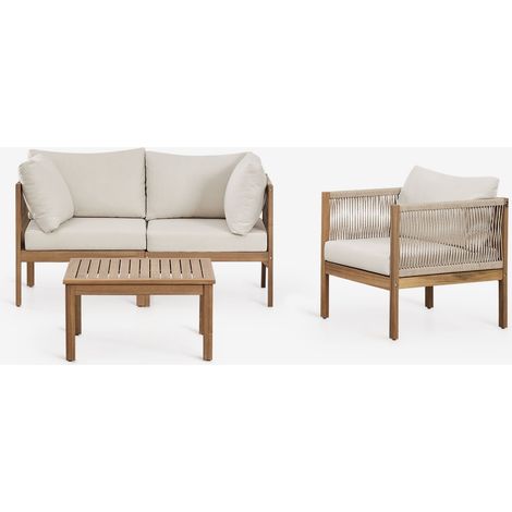 SKLUM Wohnzimmer-Set mit 2-teiliger modularer Sofagarnitur mit Armlehnen, Sessel und Couchtisch aus Akazienholz Branson Weiß Gardenia – Braun Acacia (1/5)