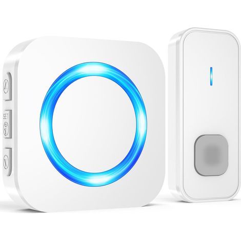 Sonnette sans Fil Exterieur Étanche, Longue Portée 300M de Carillon Electronique Kit avec Pile, 55 Mélodies au 5 Niveaux Volumes pour Maison, Indicateur LED Bleu, Blanc (1/5)