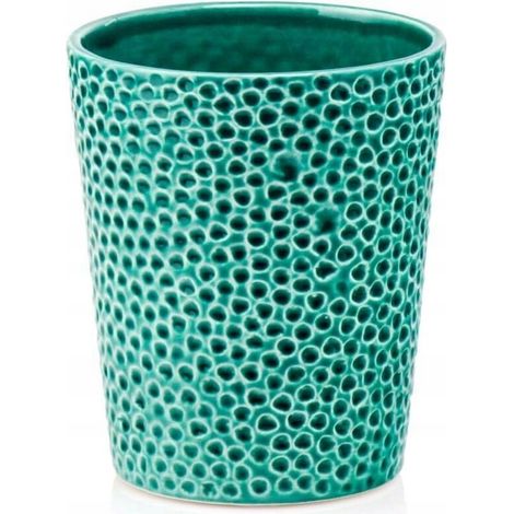 Maceta de cerámica con tapa redonda, repujada, color turquesa, 13 cm.