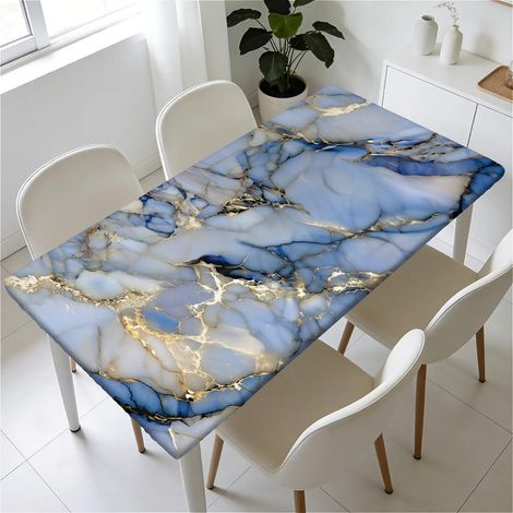 Housse de table élastique 160x90 cm, lavable, imperméable, motif marbre, bleu clair