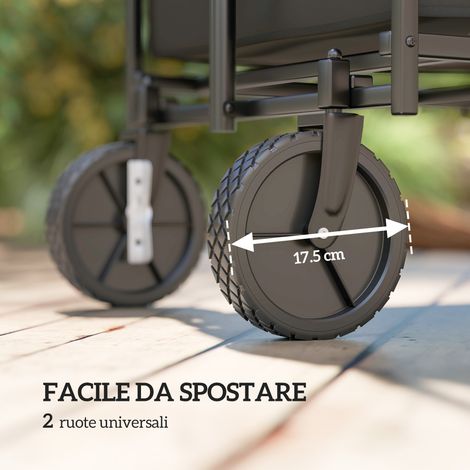 Chariot pliable de jardin 160L, acier et Oxford noir, 4 roues pivotantes, poignée rotative réglable, sac extensible, 95x55x102 cm