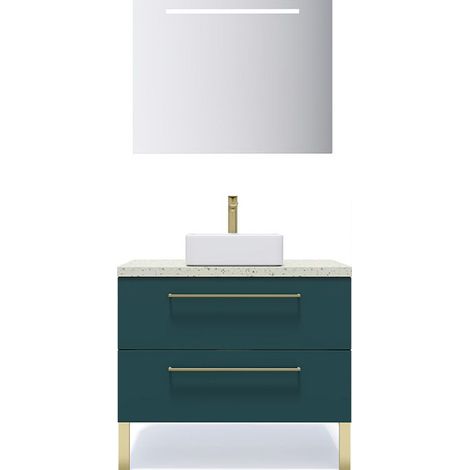 Meuble de salle de bain suspendu vasque à poser 90cm 2 tiroirs Bleu + miroir - Glasgow (1/5)