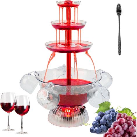 Fontaine de fête transparente à 3 niveaux, fontaine de fête à vin rouge avec 5 tasses pour boissons au vin liquide, base éclairée par LED, placement stable, pour jeux à boire, bar, fête d'anniversaire (1/5)