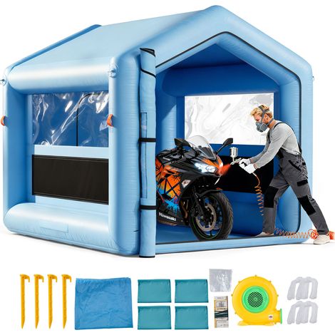 VEVOR Cabina per Verniciatura Gonfiabile 3 x 2,5 x 2,5 m, Tenda per Vernice a Spruzzo con Ventilatore da 550 W, Tetto Triangolare con Finestre Sistema di Filtraggio dellAria Tessuto Oxford 210D, Blu