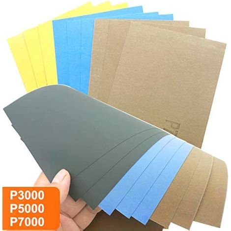 33 feuilles de papier de verre (grains 7000, 5000, 3000, 2500, 2000, 1500, 1200, 1000, 800, 600 et 400) pour ponçage à sec et à l'eau. Idéal pour le polissage du métal, du bois et des voitures. Dimens (1/3)