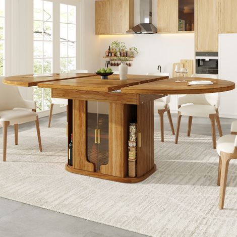 Table extensible ronde à ovale 118-158 cm noyer, plateau MDF avec tiroirs et portes en verre ambré, jusqu’à 6 personnes (1/5)