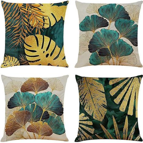 Set mit 4 quadratischen Leinenkissenbezügen mit grünen und goldenen Blattmustern, für Sofa, 45 cm x 45 cm (1/5)