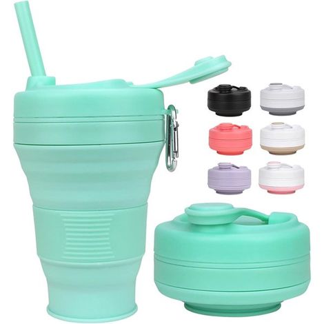 Tazza pieghevole in silicone da 600 ml, verde, con cannuccia e coperchio, senza BPA e portatile. (1/5)