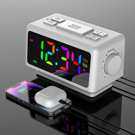Radio Reveil Digital - blanc. LED. Réglable. USB - été / maison (1/5)