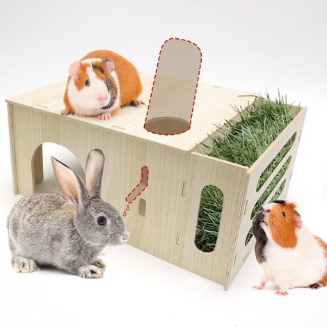 Rabbit Hay Feeder House 2 in 1 Wooden Guinea Pig House with Food Dispenser for Small Pets, Dwarf Hamsters, Chinchilla (1/5)