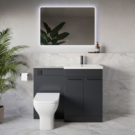 Napoli 390 Gloss Grey 1100mm 2 Door Vanity Unit Toilet Suite with Glide Basin - 1100mm - Matt Black 160mm HandleWith Kingston Toilet Pan and Seat