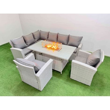Fimous Rattan Corner Sofa Chair Set Outdoor Furniture Garden Dining Sets Gas Fire Pit Table with Temper Glass Light Grey Mixed (1/5)