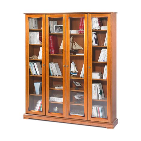Beaux Meubles Pas Chers – Bibliothèque 4 portes vitrées merisier – 18 niches – Dimensions L 158.8 H 182.2 P 33 cm – 4 étagères réglables en hauteur (1/5)
