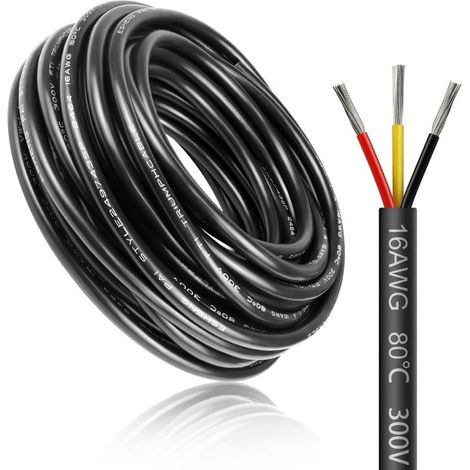 Câble électrique 5 mètres 16 AWG 3x1,5mm² à 3 conducteurs, fil de cuivre étamé flexible, impédance faible, compatible alimentation LED 5V / 12V / 24V, résistance aux hautes températures (1/5)
