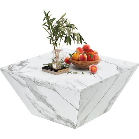 Soges Moderner Trommel Couchtisch, Trapezförmiger weißer Marmorfurnier Couchtisch, Wohnzimmertisch 707037cm