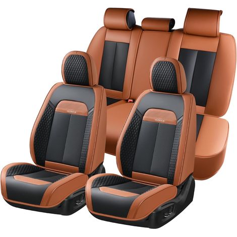 Housses de Siège de Voiture Set Cuir, 5 Pièces Universels Set Complet de Siège de Voiture Imperméables pour Voitures, Camions, SUVs (Ensemble Complet, Marron (1/5)