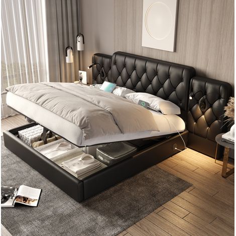 Lit coffre en simili cuir noir 180x200 cm avec tête de lit allongée, USB intégrés et liseuses (1/5)