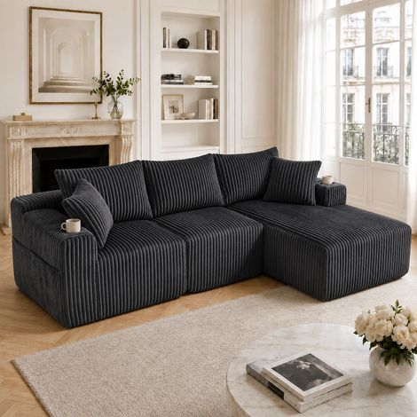 Canapé d'angle convertible en velours côtelé avec 5 coussins, poches latérales et porte-gobelets,canapé 3 places modulaires combinaison DIY,Gris