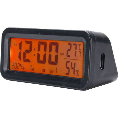 Horloge de tableau de bord lumineuse avec calendrier, thermomètre, hygromètre, écran numérique, alimentation solaire et recharge Type C (1/5)