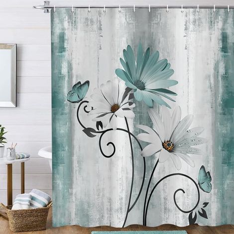 Tenda da doccia rustica in stile fattoria 180x200 cm, tenda da bagno impermeabile in poliestere lavabile con fiori di margherite e farfalle, stile fattoria vintage, per vasca da bagno, con 12 ganci