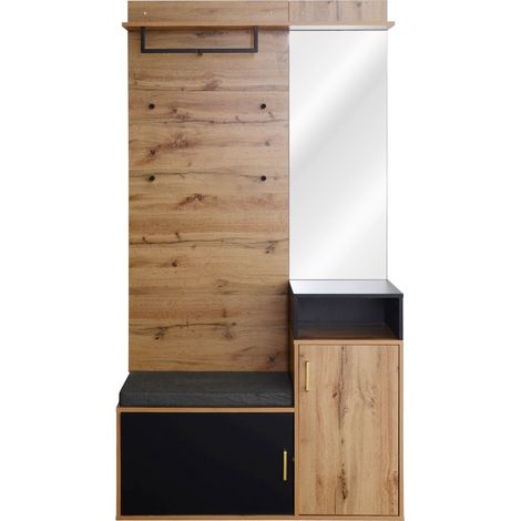 Conjunto de recibidor con espejo, zapatero, banco, 4 ganchos y barra negro madera (1/5)