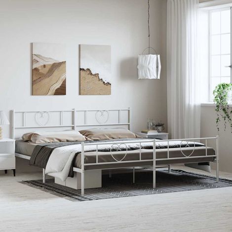 Cadre de lit métal sans matelas et pied de lit blanc 183x213 cm (1/5)