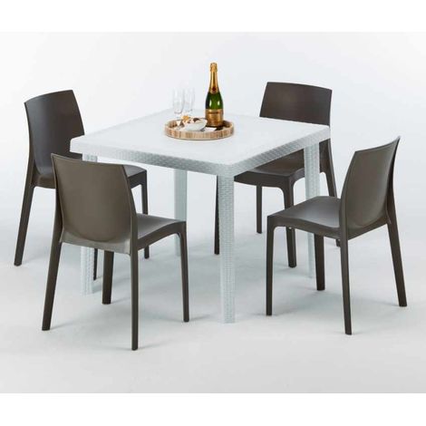 Tavolino Quadrato Bianco 90x90 cm con 4 Sedie Colorate Rome Love - Marrone