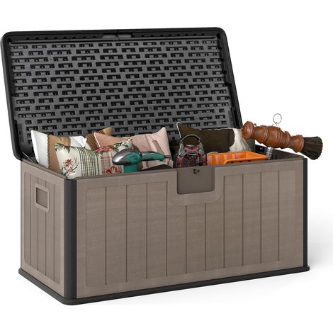 Boîte de rangement étanche 378 l avec couvercle verrouillable et poignée - Boîte à coussins pour jardin, terrasse, accessoires de piscine et outils de jardin (Noir + (1/5)