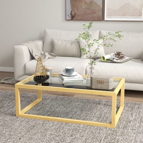 Table basse rectangulaire table de salon avec plateau en verre trempé cadre en bois d'hévéa dim. 100l x 60l x 35h cm conception robuste