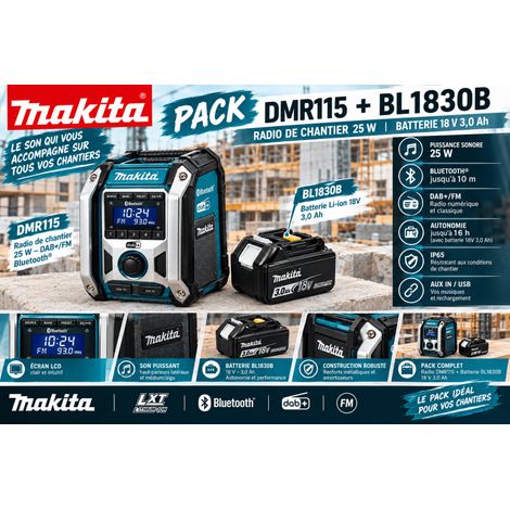 Makita DMR115F1 – Radio de chantier 25 W Bluetooth®, DAB/DAB+, FM + Batterie BL1830B 18 V 3,0 Ah (1/2)