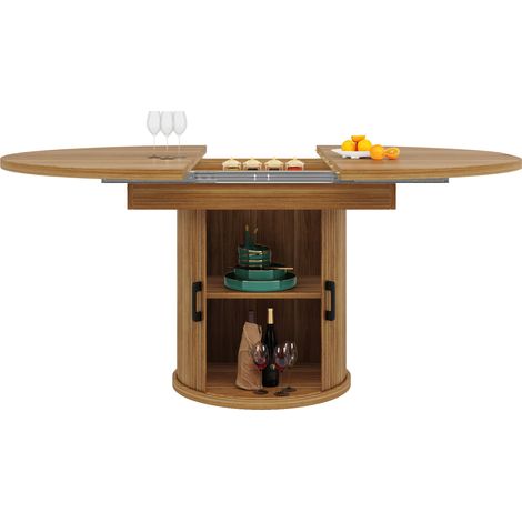 Table à manger extensible ronde à ovale 118 à 158 cm avec rangement intégré, pieds réglables, plateau MDF bois foncé pour cuisine et salle à manger  CHICFURN (1/5)