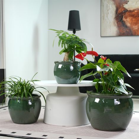 Lot de 3 Pots de Fleurs en Céramique Fait Main - Ø37/30/23cm - Pots Respirants Vintage avec Trous de Drainage - Vert Bleu Antique (1/5)