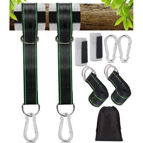 Sangle de Suspension pour Balançoire et Hamac, 2x200 cm, Fixation Arbre avec Anneau en D, Kit de Hamac avec 2 Protège-Tronc (1/5)