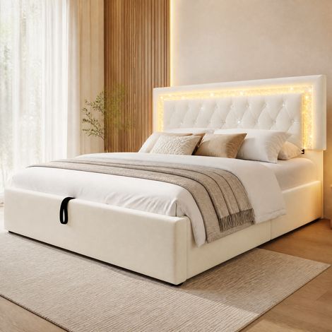 Bett 180x200 cm modern in Beige Samt mit LED-Kopfteil, USB & USB-C, hydraulischem Stauraum und Lattenrost (1/5)