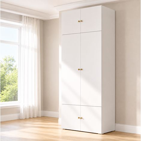 Kleiderschrank 90x50x200 cm, mit Kleiderstange und 5 Staufächern, Spanplatte, Weiß (1/5)